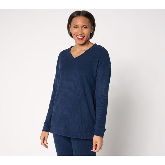 Cuddl Duds Women's Top Sz L Grid Fleece V-Neck Pullover Blue A667659 - Picture 1 of 4